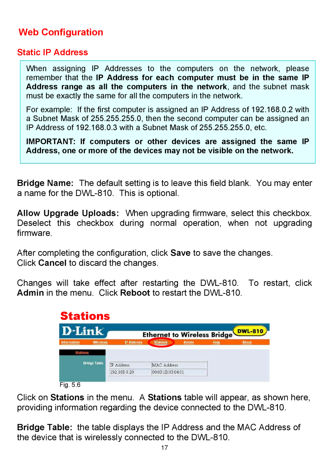 D-Link DWL-810 manual Stations, Static IP Address 