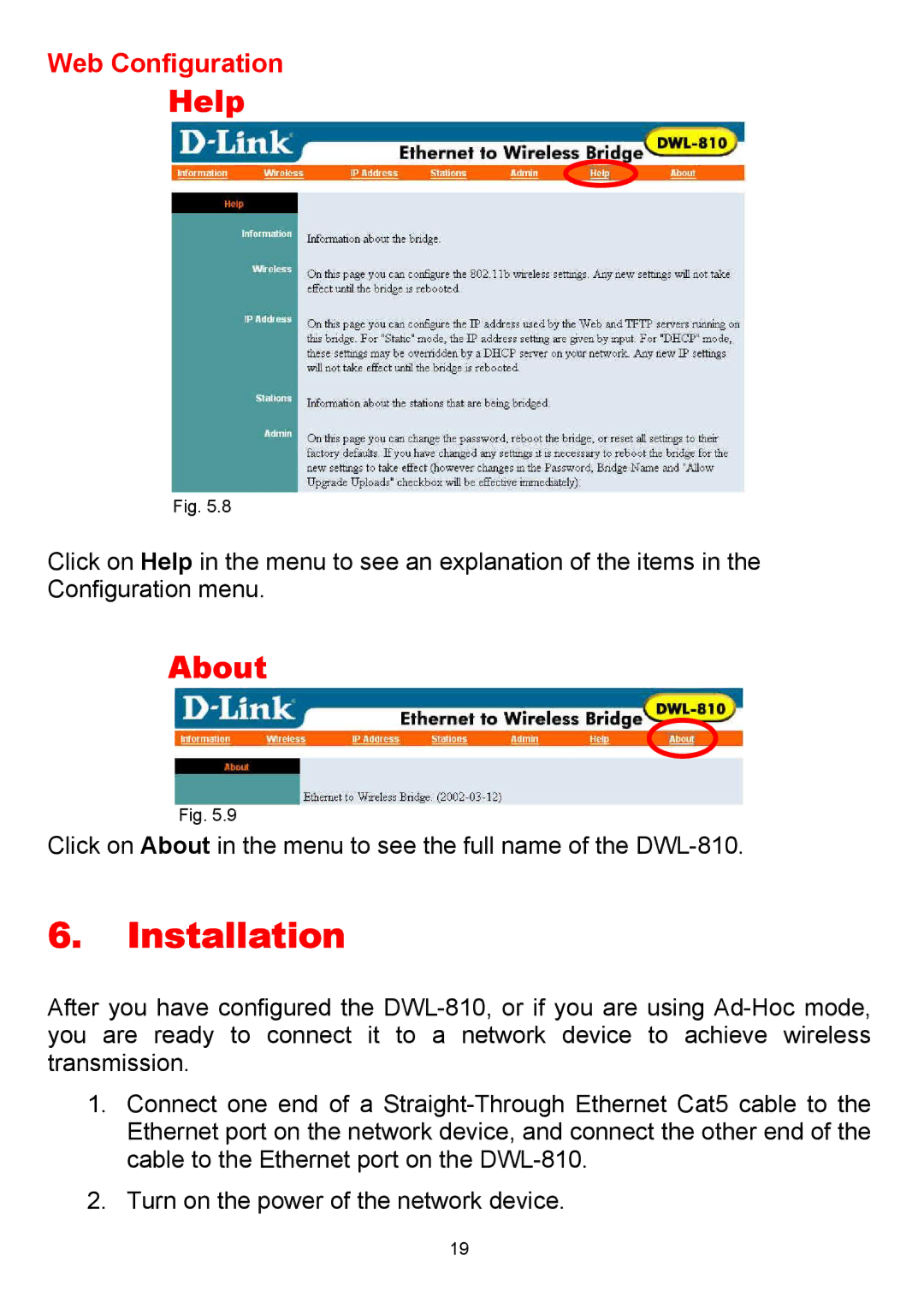 D-Link DWL-810 manual Installation, Help, About 