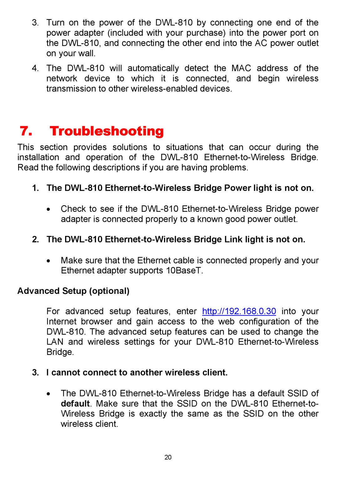 D-Link manual Troubleshooting, DWL-810 Ethernet-to-Wireless Bridge Power light is not on, Advanced Setup optional 