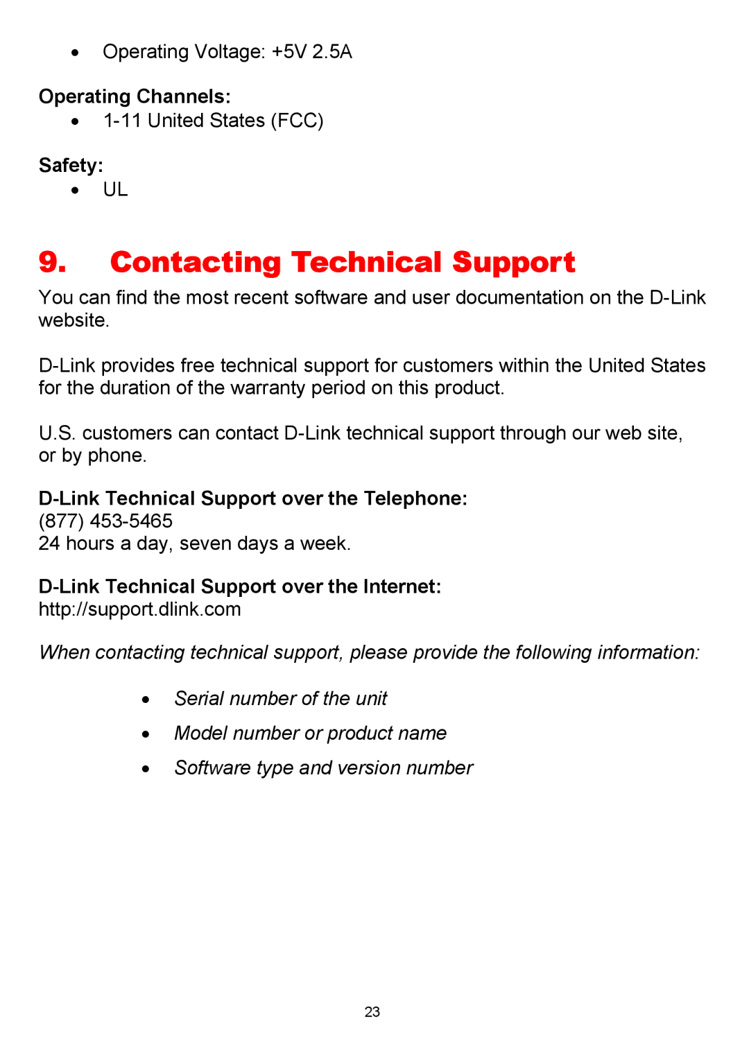 D-Link DWL-810 manual Contacting Technical Support, Operating Channels, Safety, Link Technical Support over the Internet 