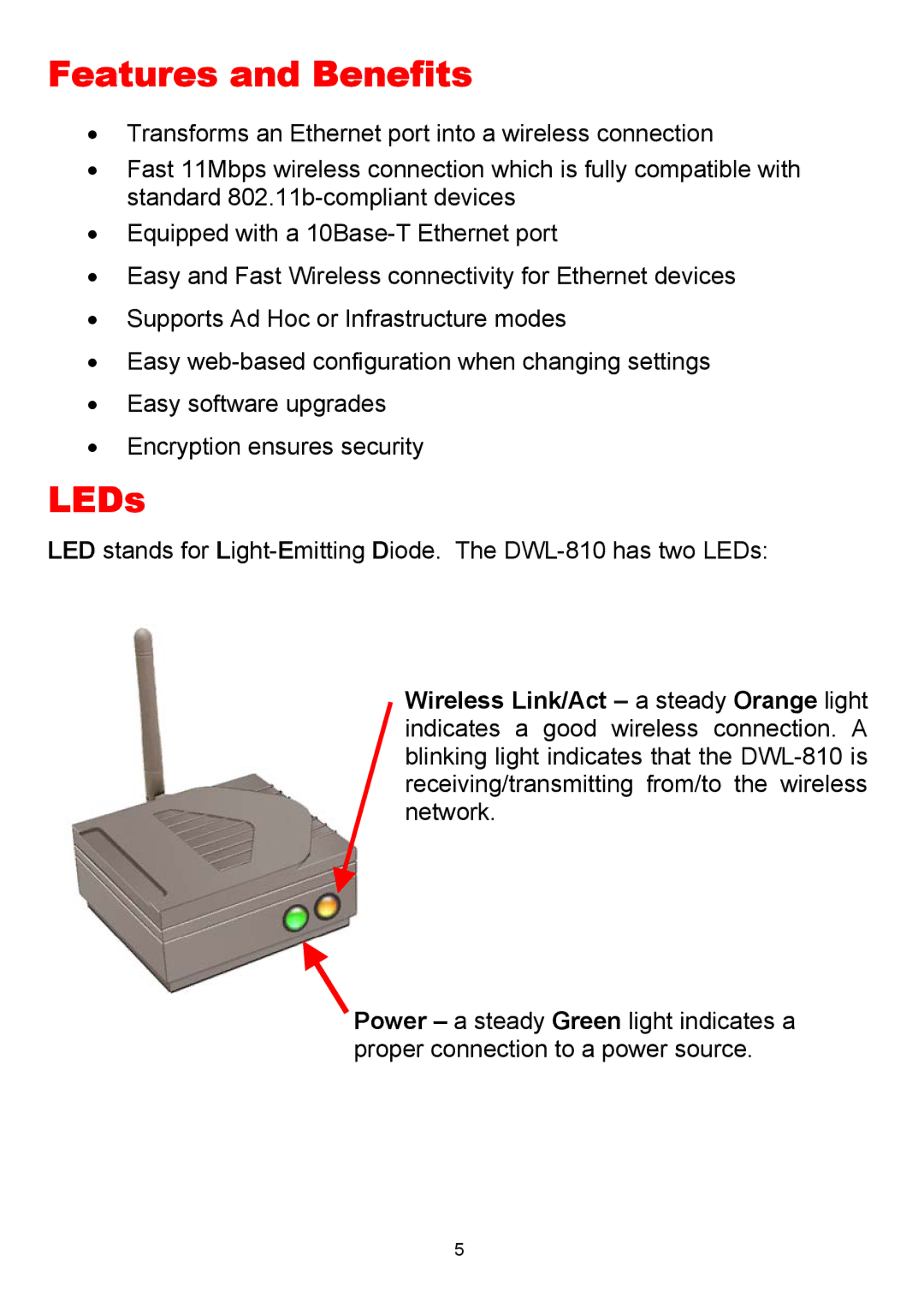 D-Link DWL-810 manual Features and Benefits, LEDs 