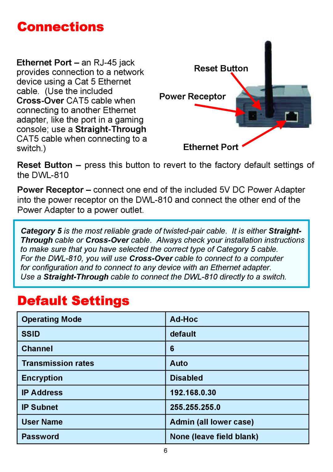 D-Link DWL-810 manual Connections, Default Settings 