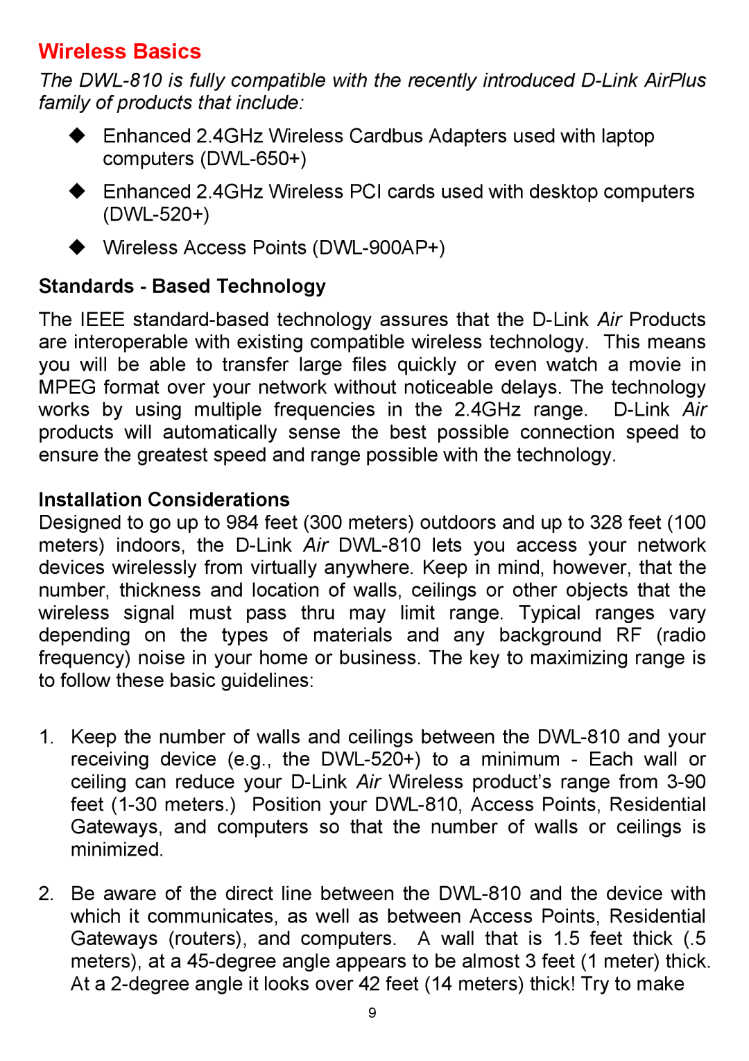 D-Link DWL-810 manual Standards Based Technology, Installation Considerations 