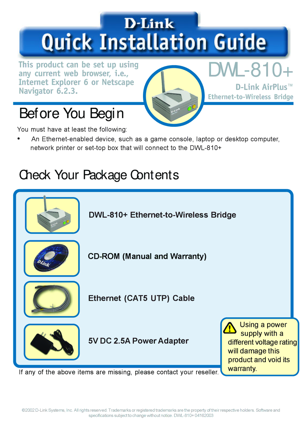 D-Link DWL-810+ manual Before You Begin, Check Your Package Contents 