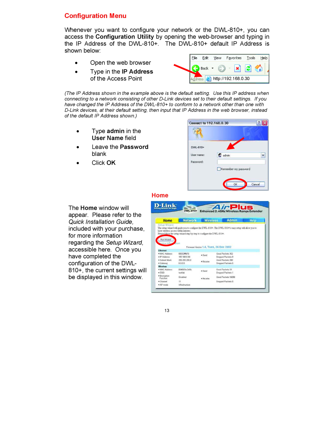 D-Link DWL-810+ manual Configuration Menu, Home 