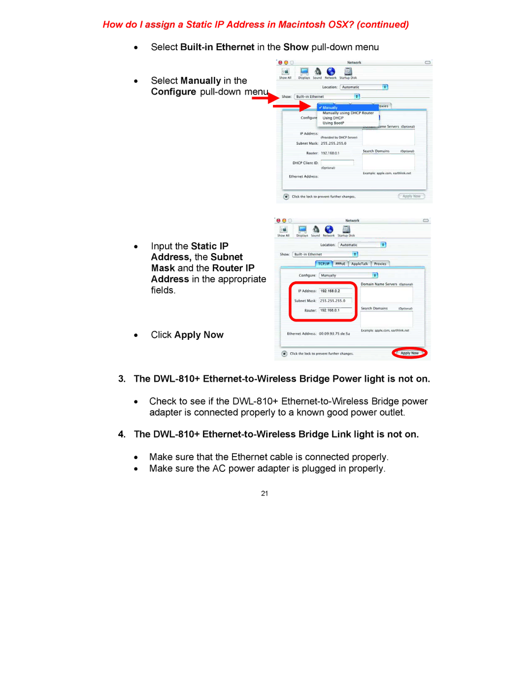 D-Link DWL-810+ manual How do I assign a Static IP Address in Macintosh OSX? 