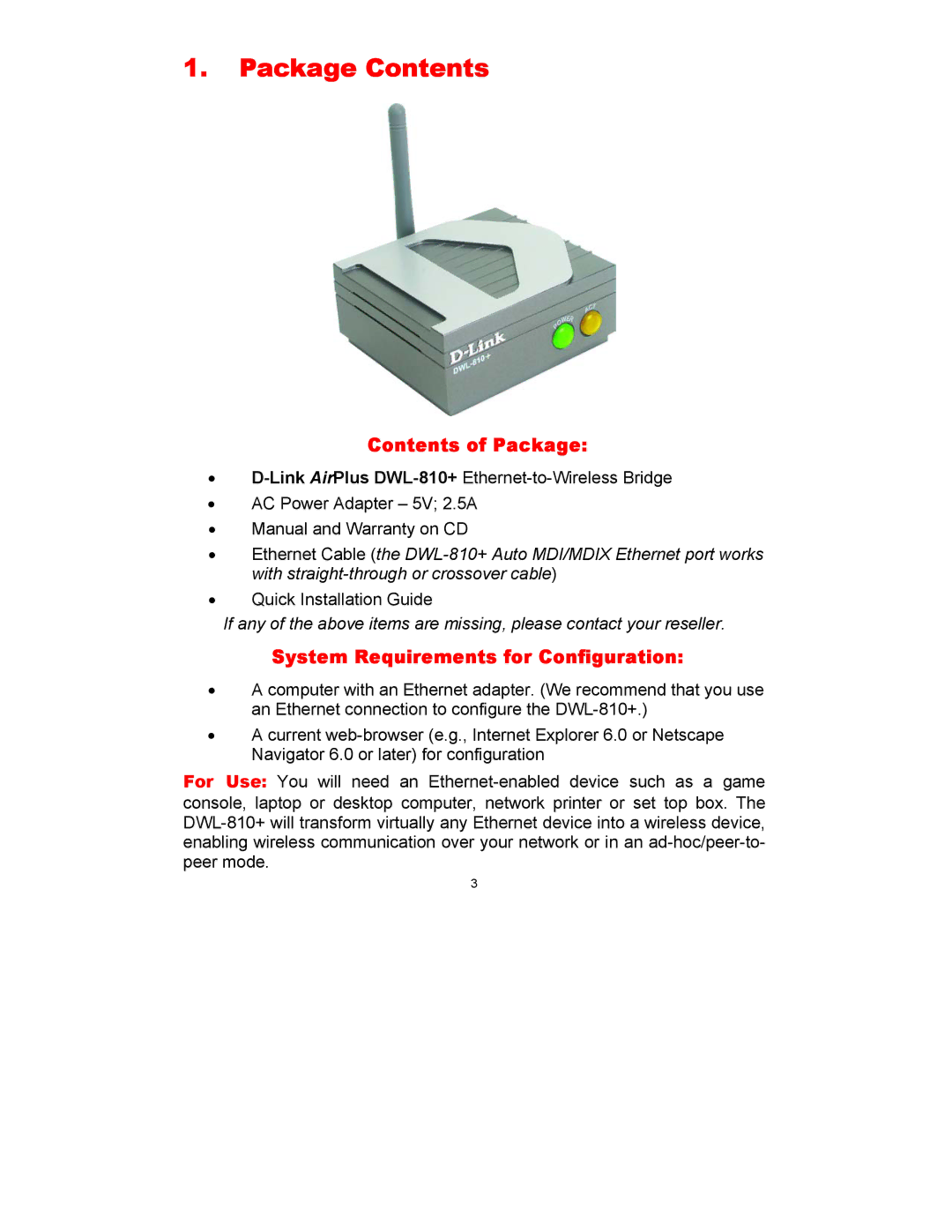 D-Link DWL-810+ manual Package Contents 