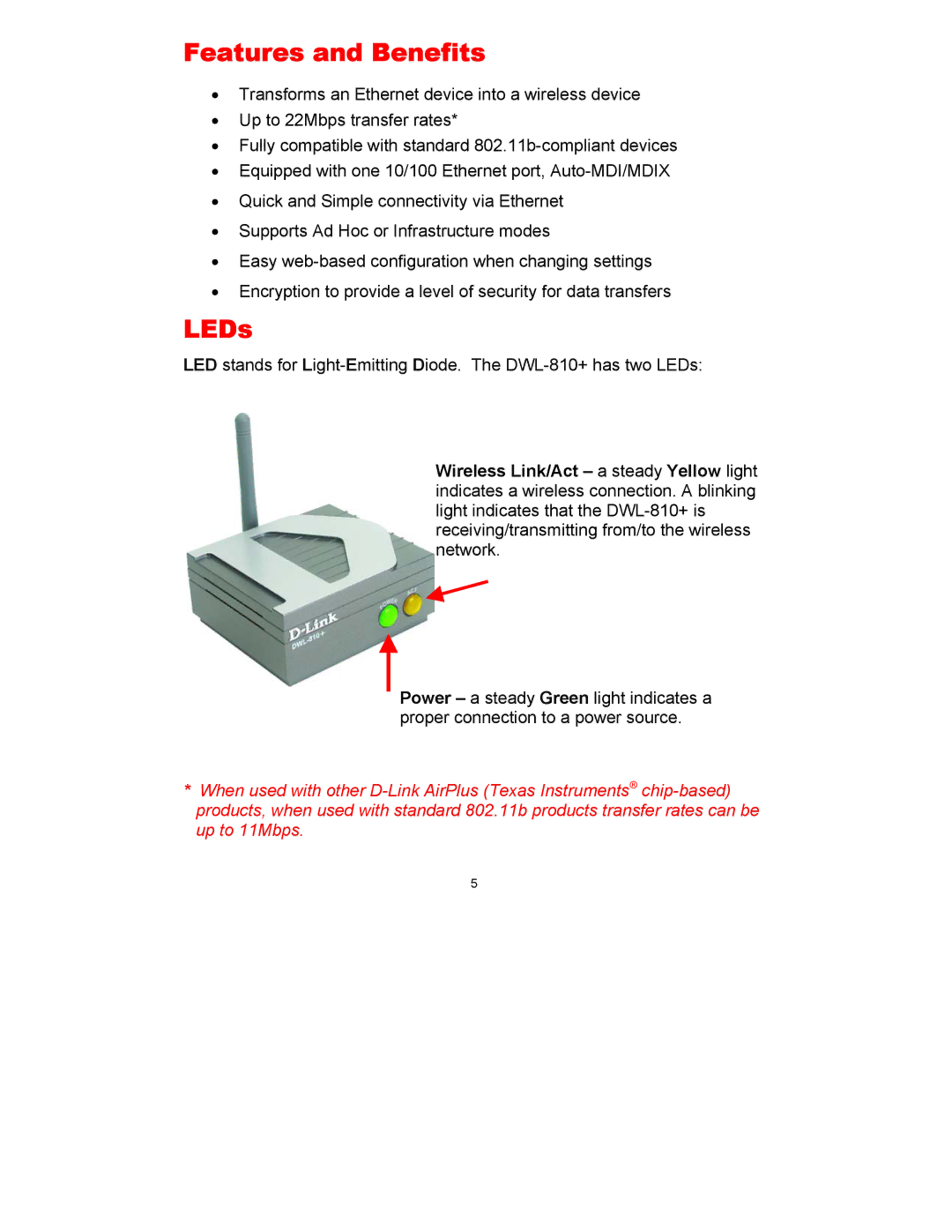 D-Link DWL-810+ manual Features and Benefits, LEDs 