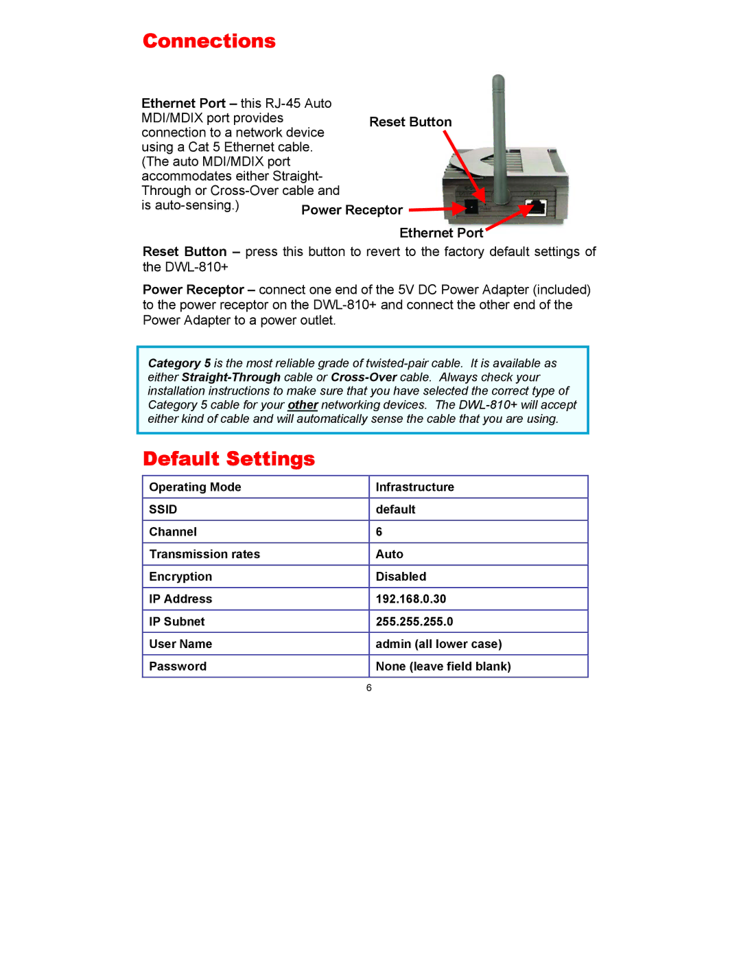 D-Link DWL-810+ manual Connections, Default Settings, Reset Button Ethernet Port 