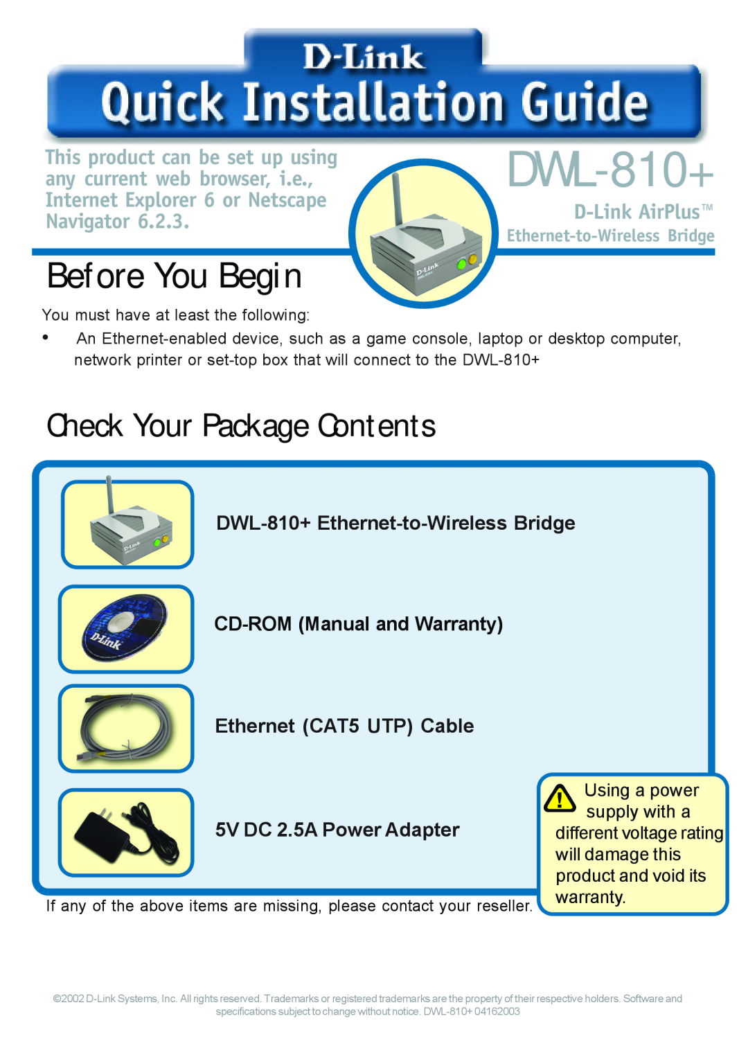 D-Link DWL-810+ manual Before You Begin, Check Your Package Contents, Ethernet CAT5 UTP Cable, D-Link AirPlus 