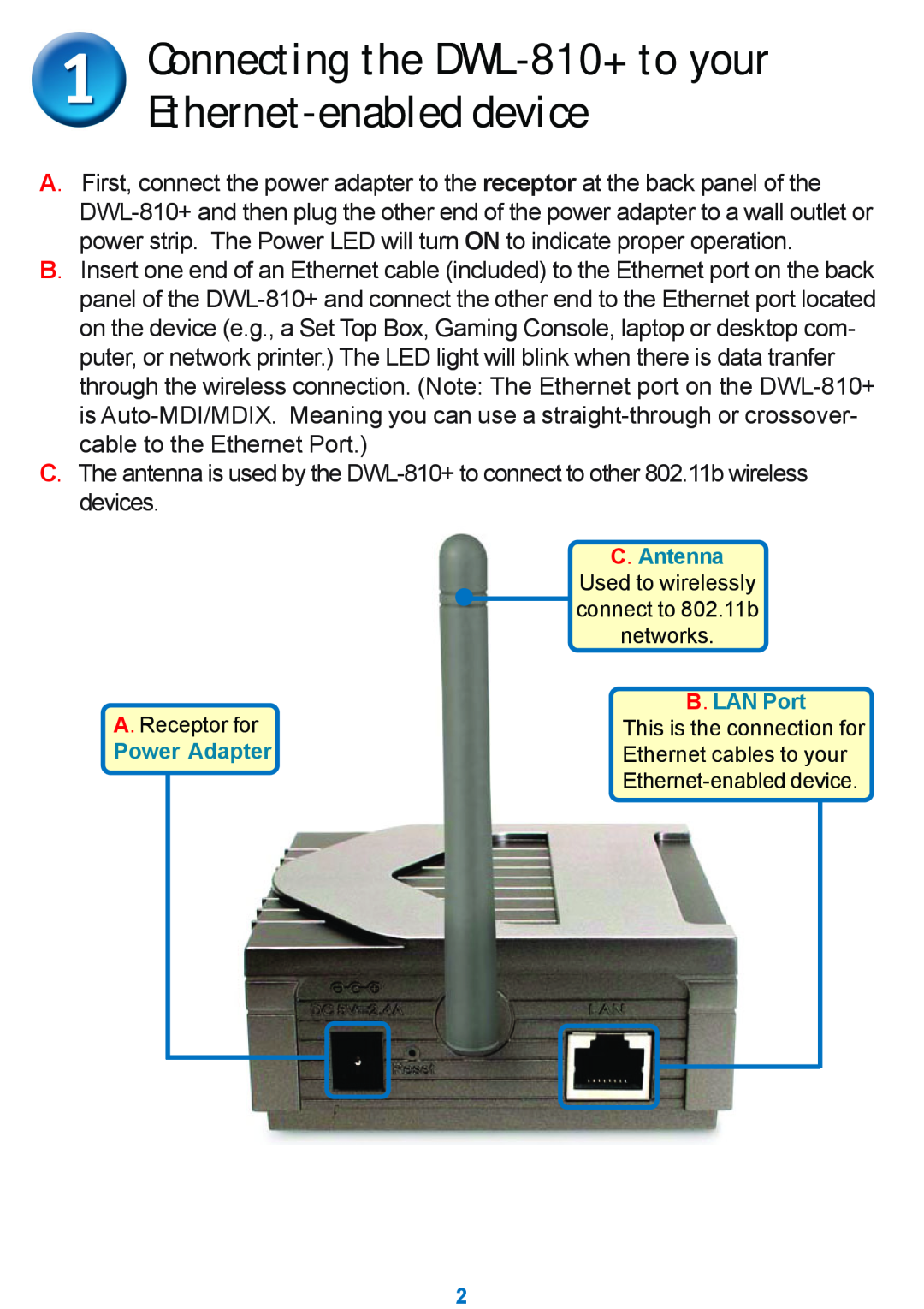 D-Link manual Connecting the DWL-810+ to your Ethernet-enabled device, Power Adapter, C. Antenna 
