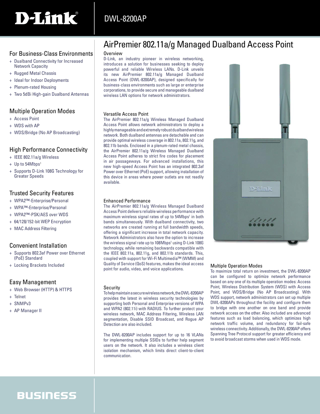 D-Link DWL-8200AP manual For Business-Class Environments, Multiple Operation Modes, High Performance Connectivity 