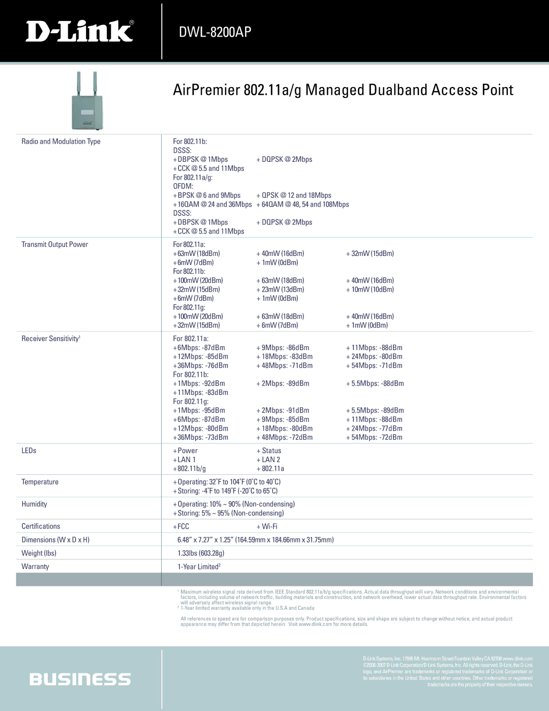 D-Link DWL-8200AP manual Dsss, Ofdm, +Fcc 