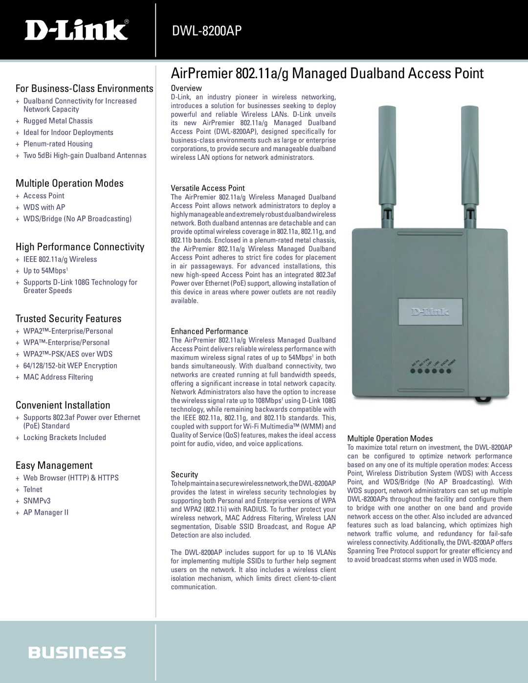 D-Link DWL-8200AP manual AirPremier 802.11a/g Managed Dualband Access Point, For Business-Class Environments, Overview 