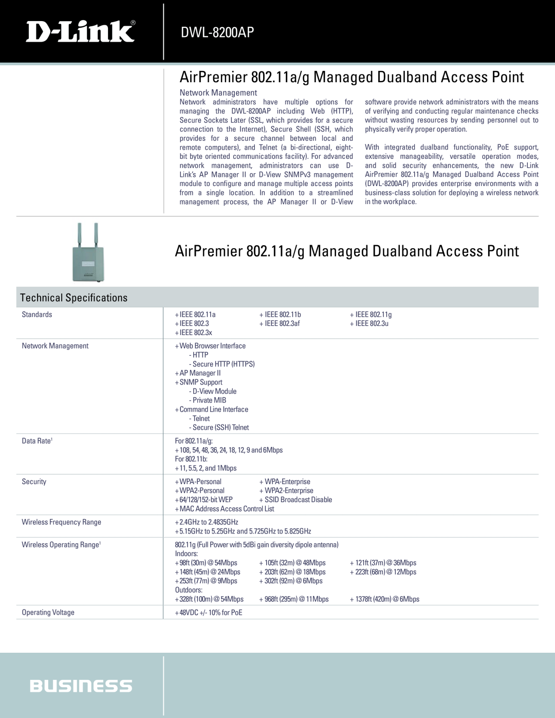 D-Link DWL-8200AP manual Technical Speciﬁcations, AirPremier 802.11a/g Managed Dualband Access Point, Network Management 