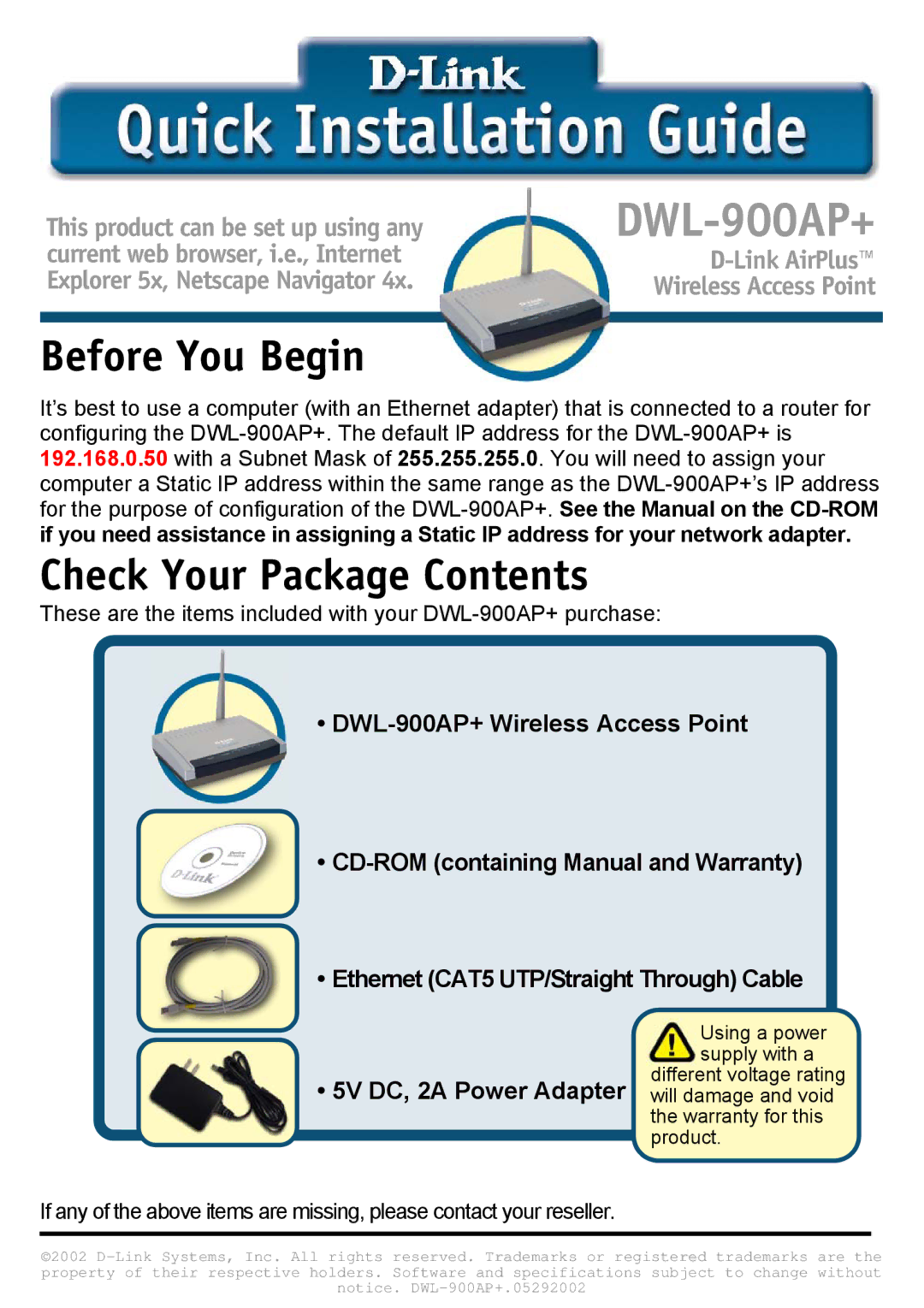 D-Link DWL-900AP specifications Before You Begin, Check Your Package Contents 