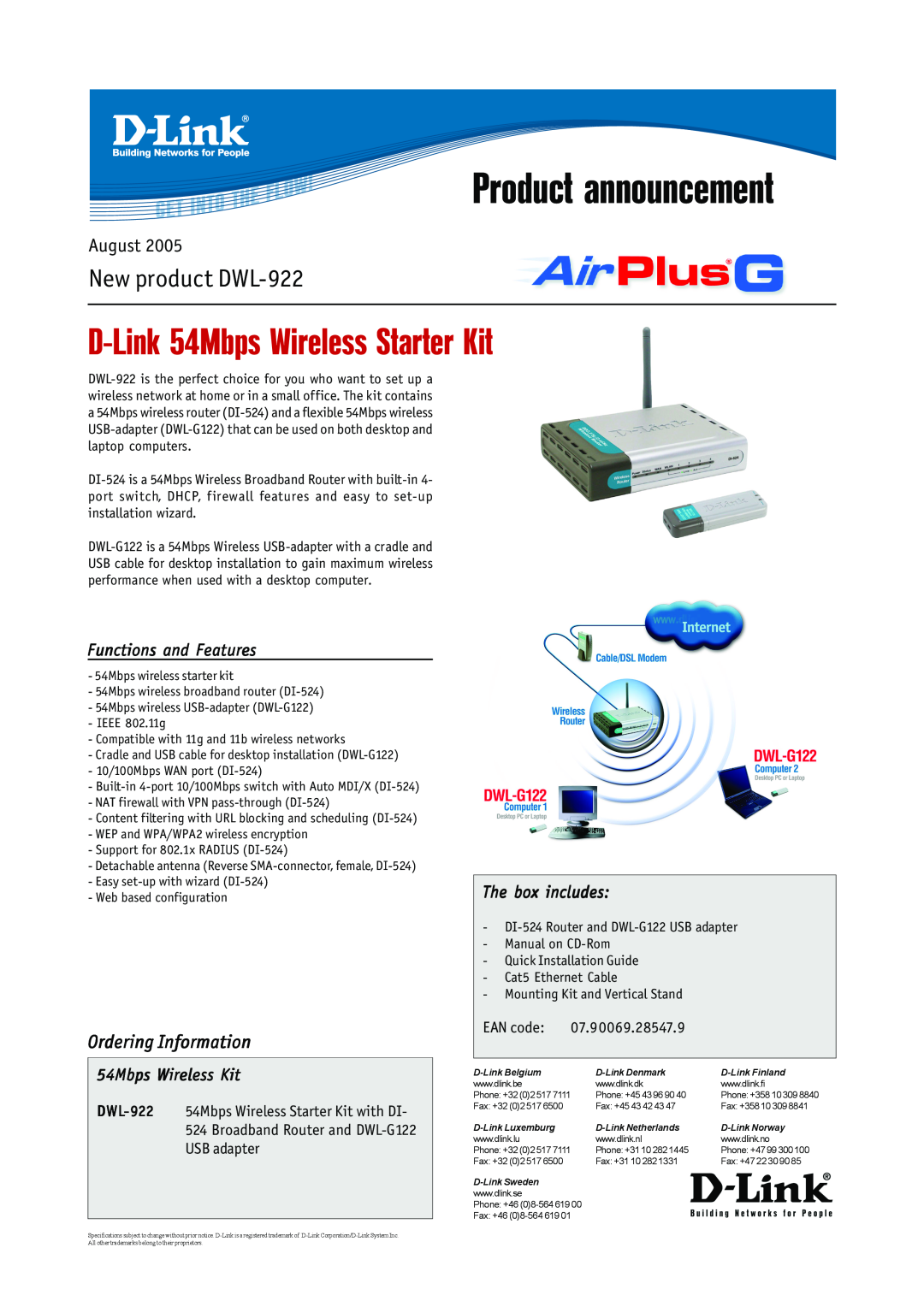D-Link specifications Product announcement, D-Link 54Mbps Wireless Starter Kit, New product DWL-922, August, EAN code 