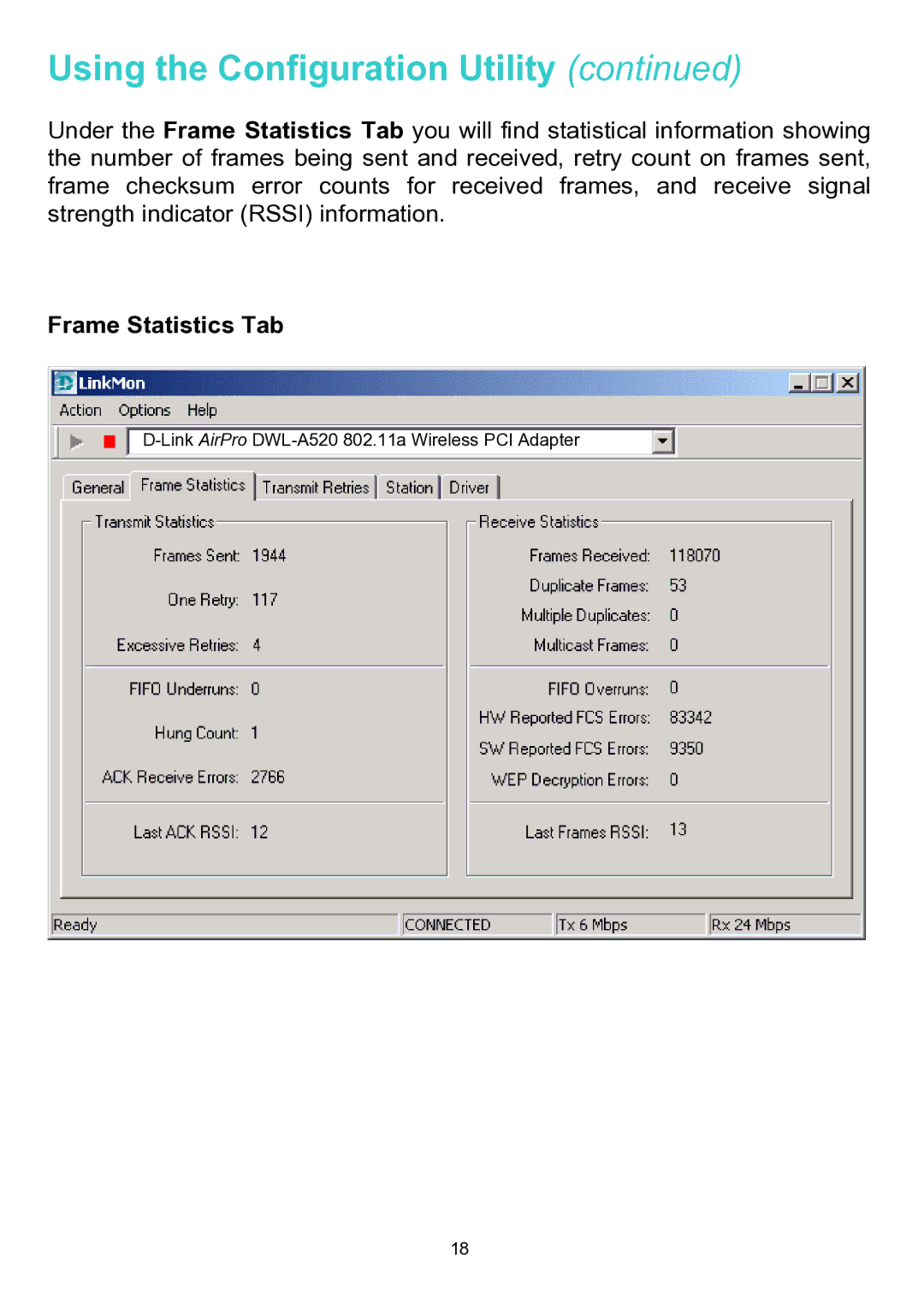 D-Link DWL-A520 manual Frame Statistics Tab 