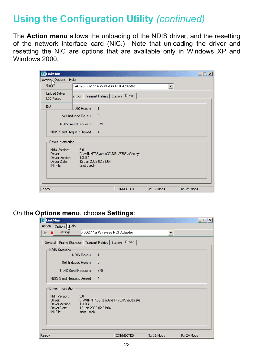 D-Link DWL-A520 manual On the Options menu, choose Settings 