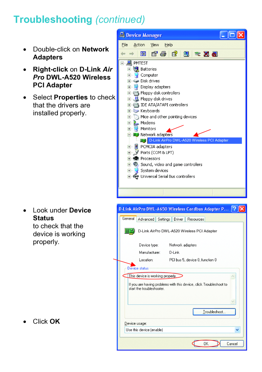 D-Link DWL-A520 manual Status 