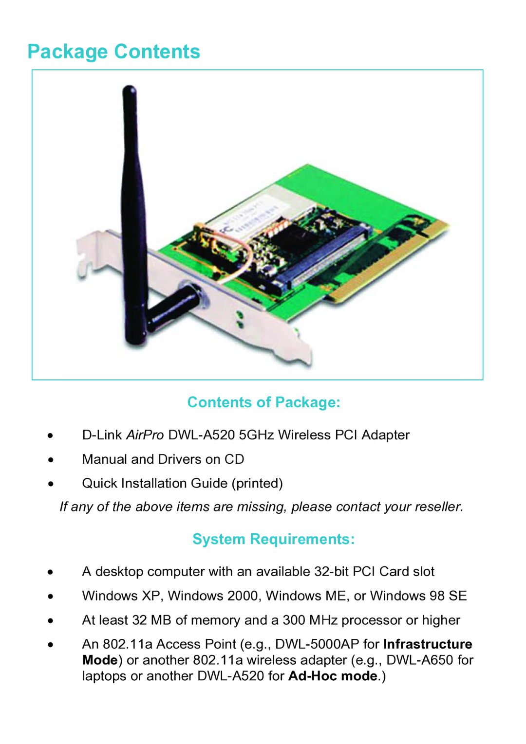 D-Link DWL-A520 manual Package Contents 