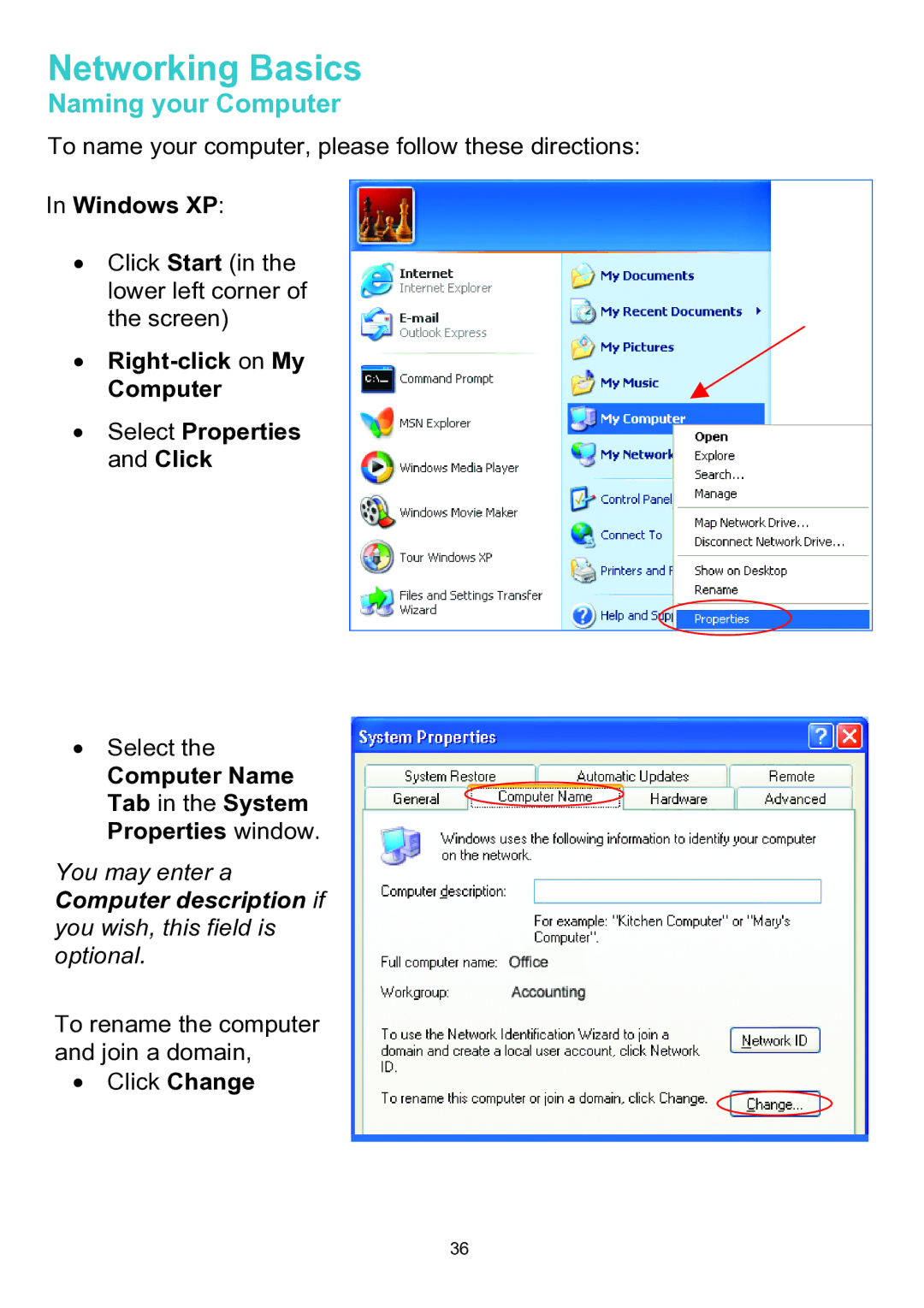 D-Link DWL-A520 manual Naming your Computer, Windows XP, Right-click on My Computer Select Properties and Click 