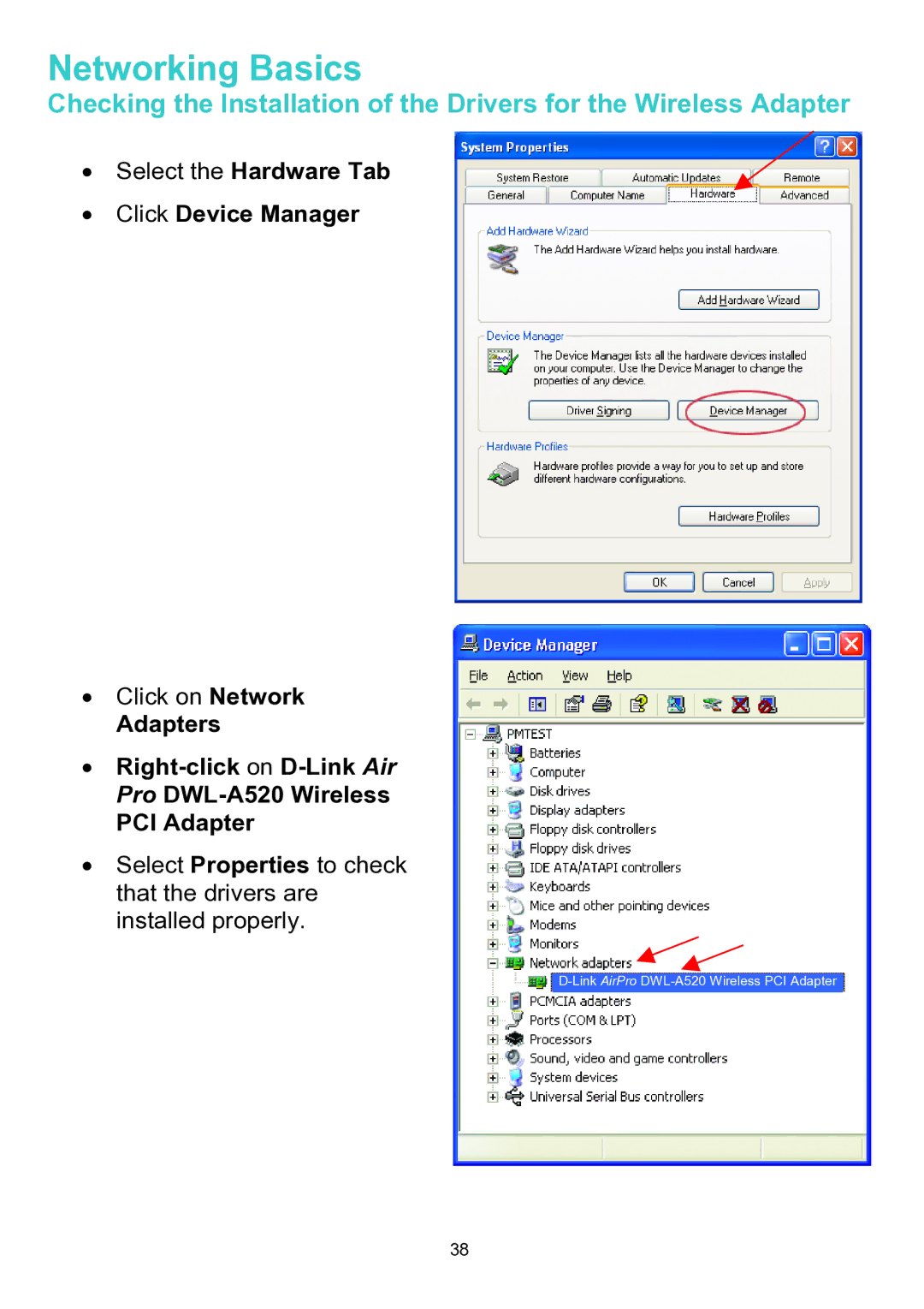 D-Link DWL-A520 manual Select the Hardware Tab Click Device Manager 