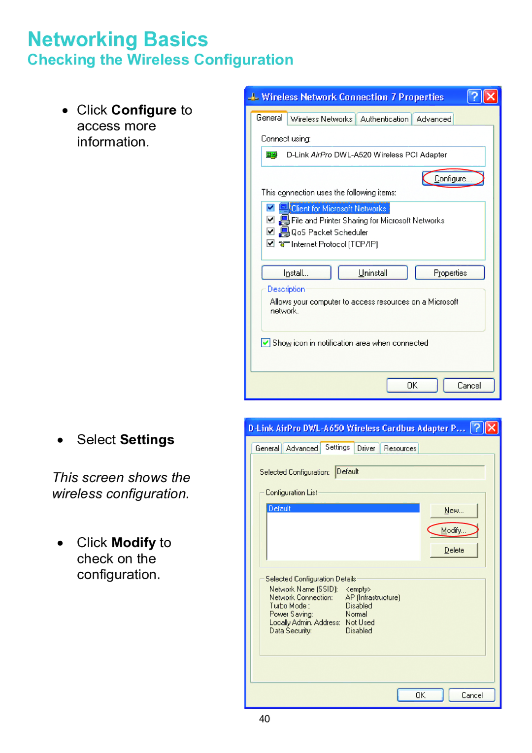 D-Link DWL-A520 manual Select Settings 