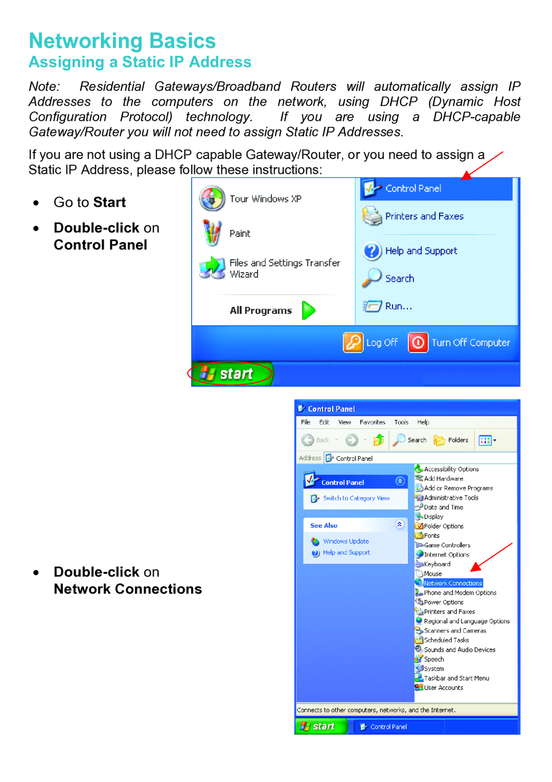 D-Link DWL-A520 manual Assigning a Static IP Address, Double-click on Control Panel Network Connections 