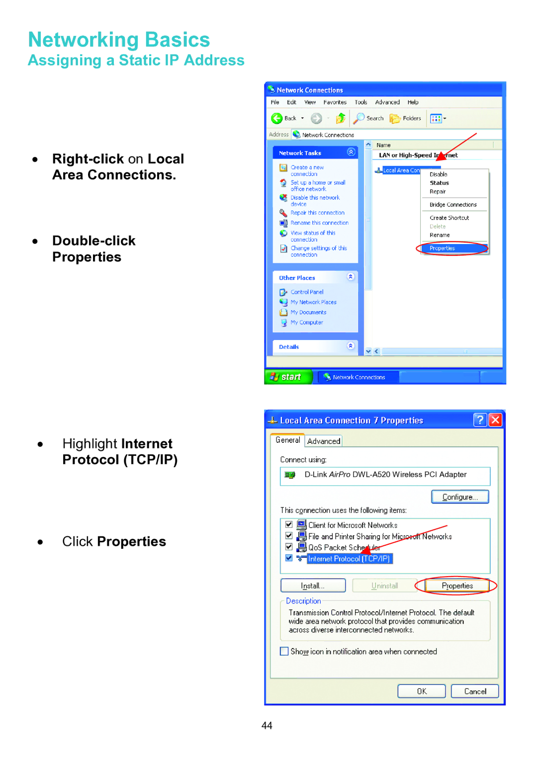 D-Link DWL-A520 manual Protocol TCP/IP, Click Properties 