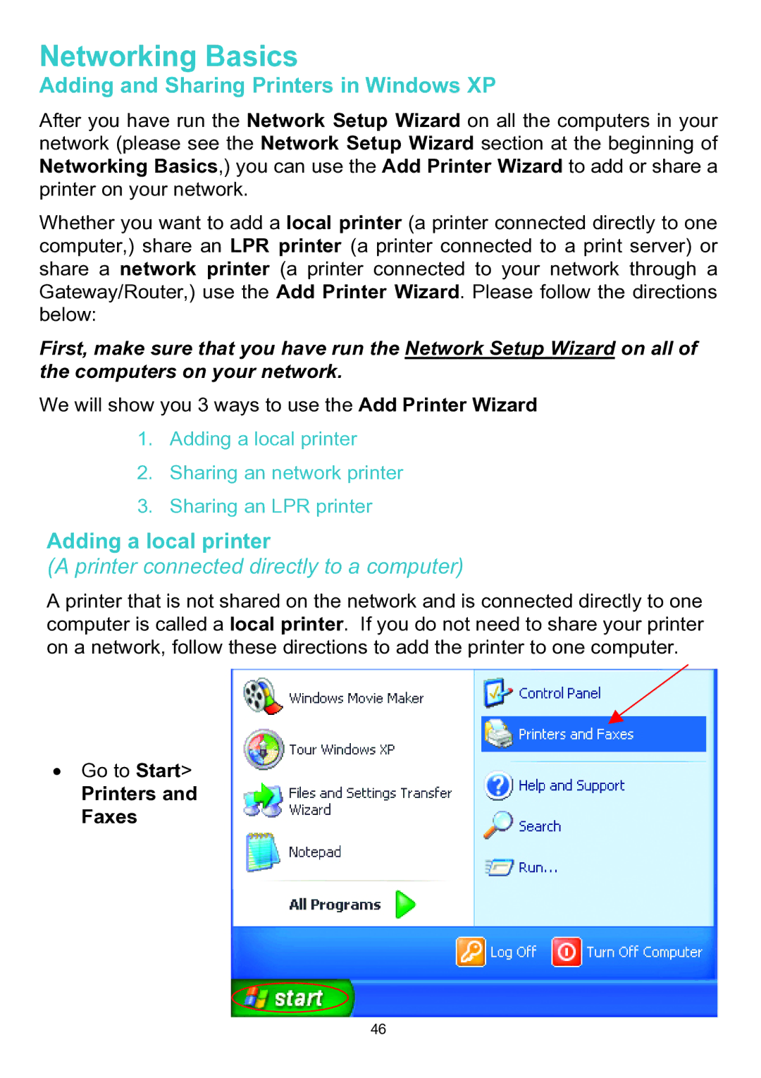 D-Link DWL-A520 manual Adding and Sharing Printers in Windows XP, Adding a local printer, Printers and Faxes 