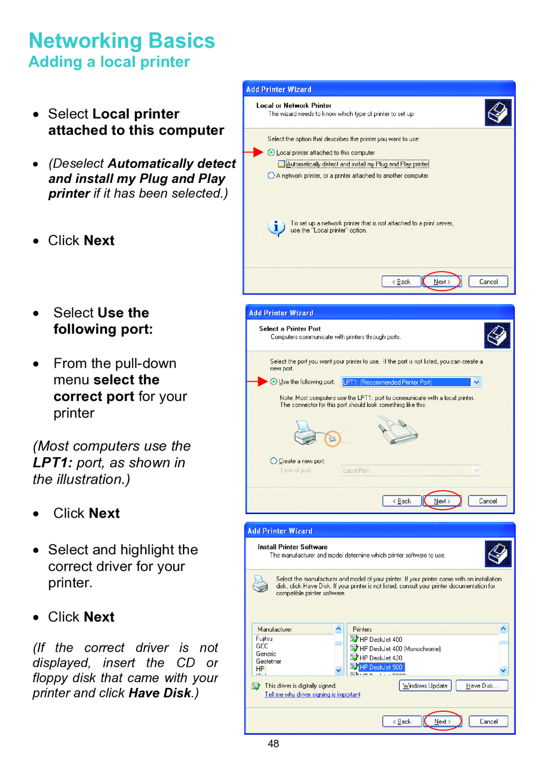 D-Link DWL-A520 manual Select Local printer attached to this computer, Select Use the following port 