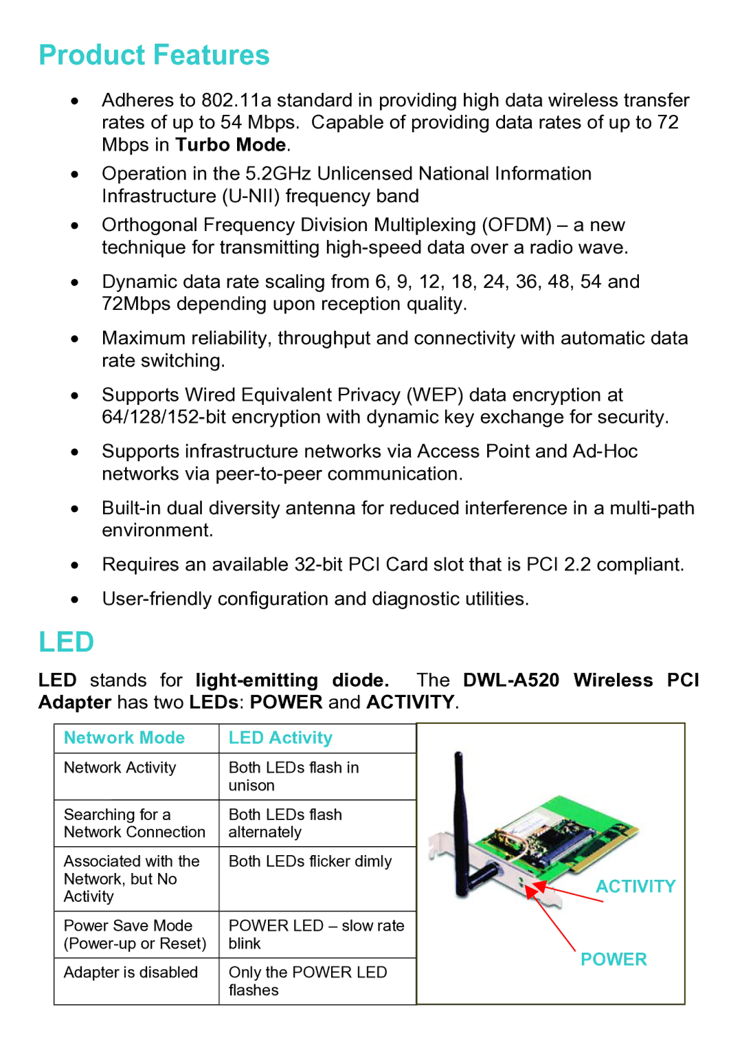 D-Link DWL-A520 manual Product Features, Led 