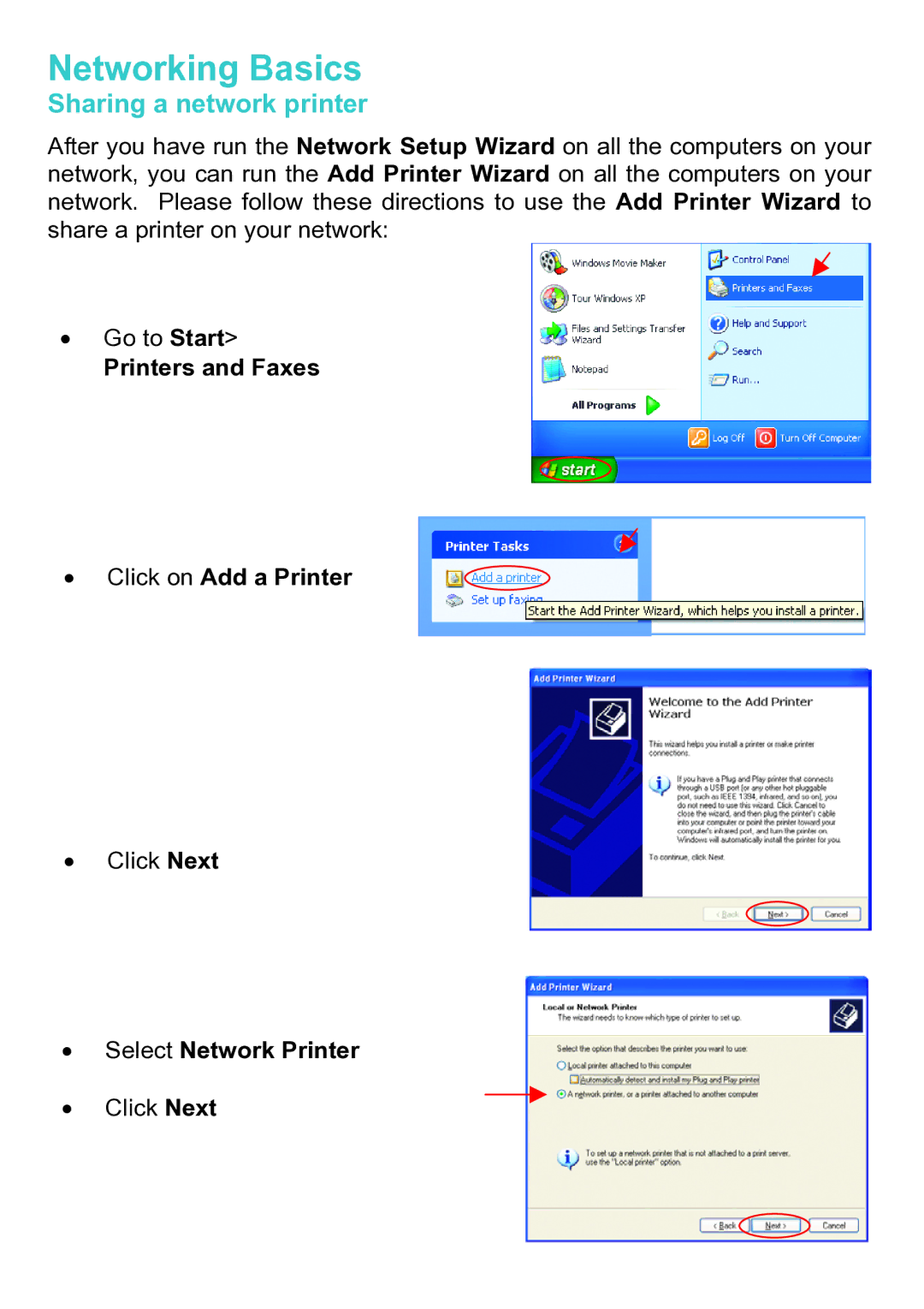 D-Link DWL-A520 manual Sharing a network printer, Printers and Faxes Click on Add a Printer, Select Network Printer 