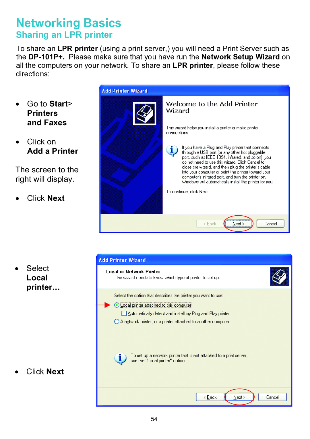 D-Link DWL-A520 manual Sharing an LPR printer, Add a Printer, Local printer… 