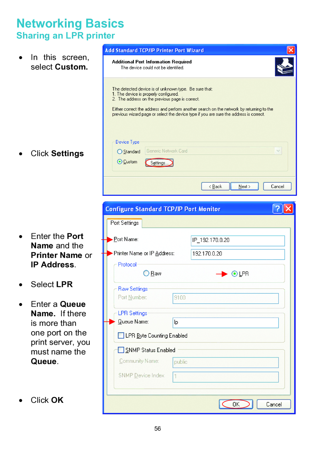 D-Link DWL-A520 manual Click Settings, Printer Name or IP Address 