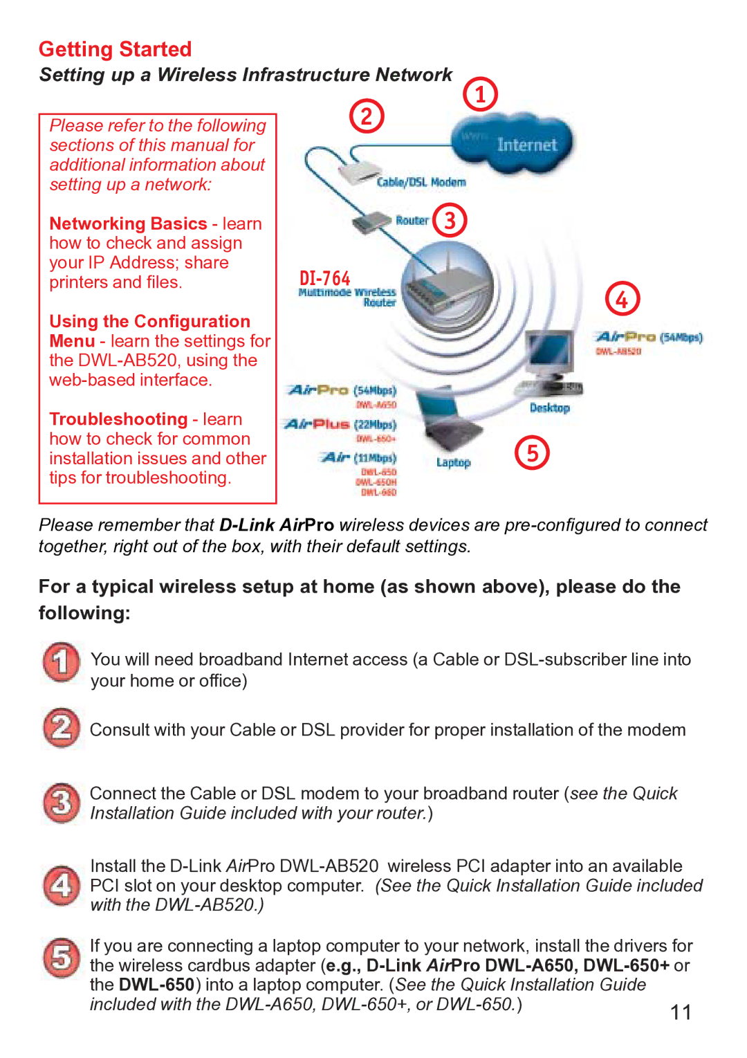 D-Link dwl-ab520 manual Getting Started, Setting up a Wireless Infrastructure Network 