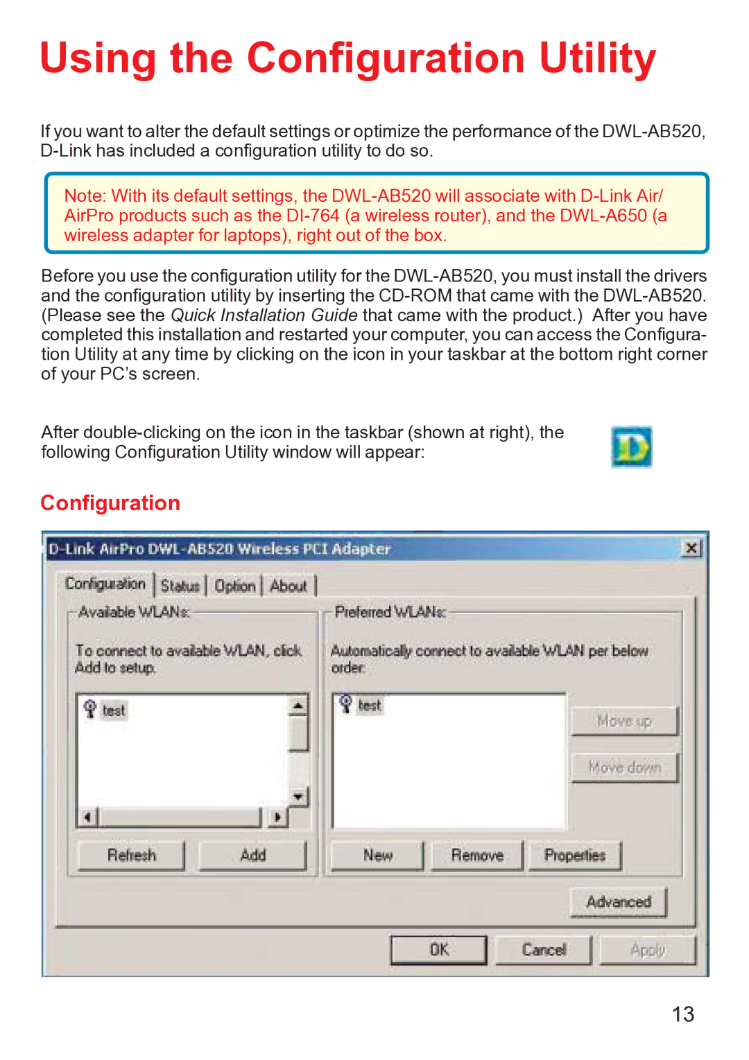 D-Link dwl-ab520 manual Using the Configuration Utility 