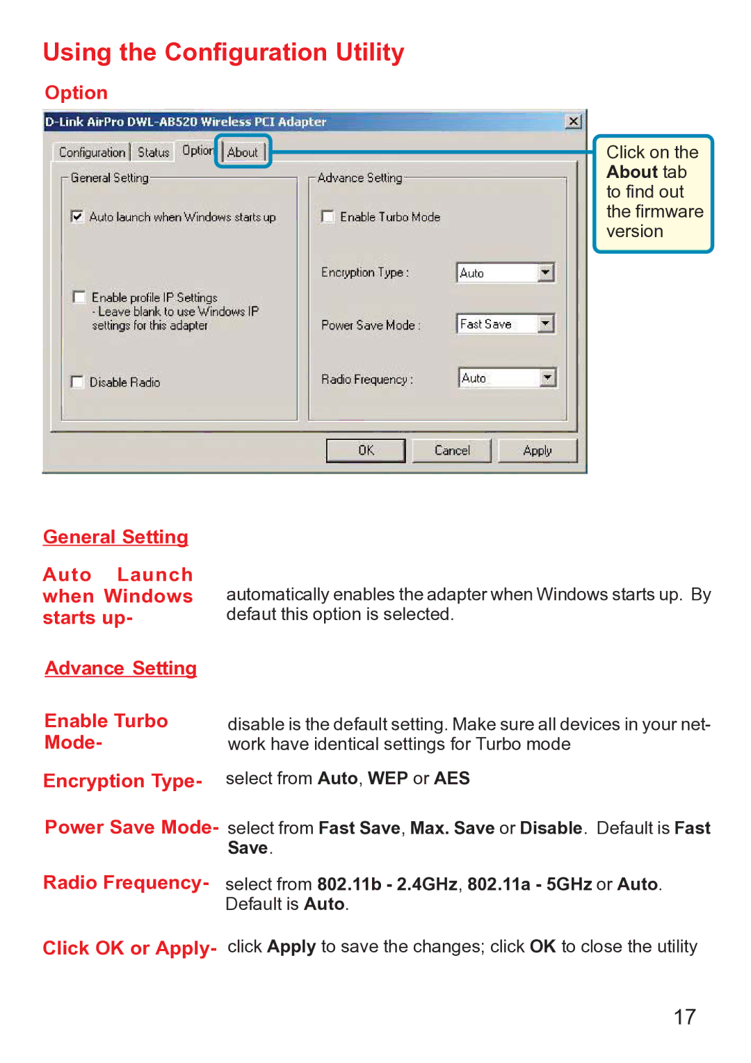 D-Link dwl-ab520 manual Option 