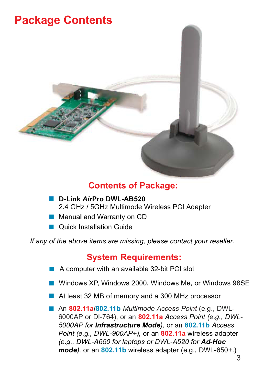 D-Link dwl-ab520 manual Package Contents 