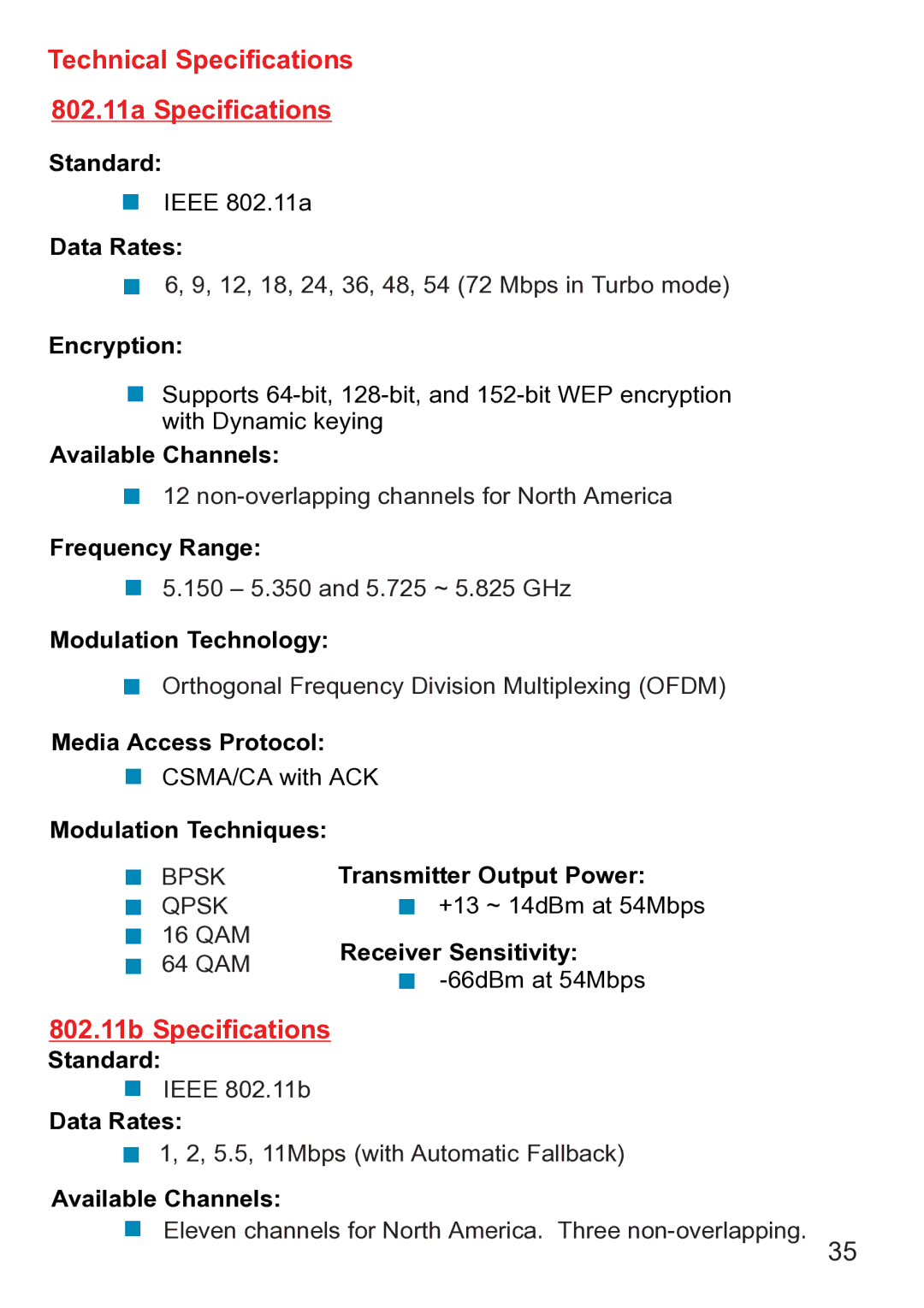 D-Link dwl-ab520 manual Technical Specifications 802.11a Specifications, 802.11b Specifications 