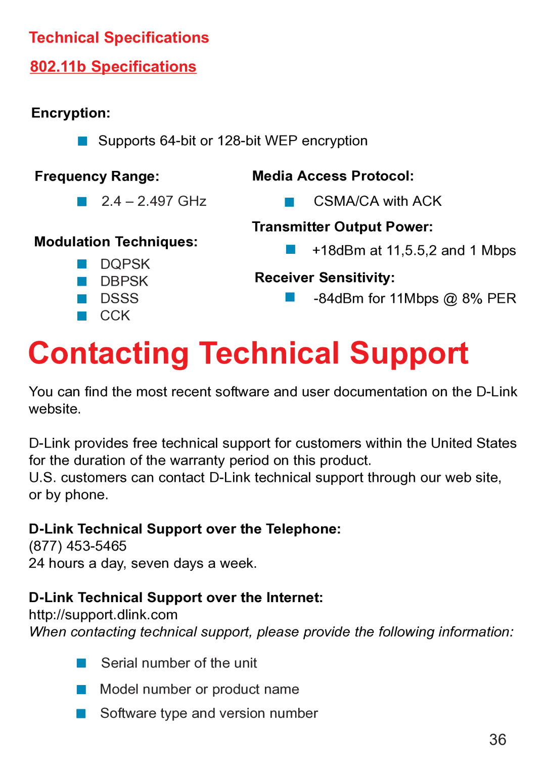 D-Link dwl-ab520 manual Contacting Technical Support, Technical Specifications 802.11b Specifications 