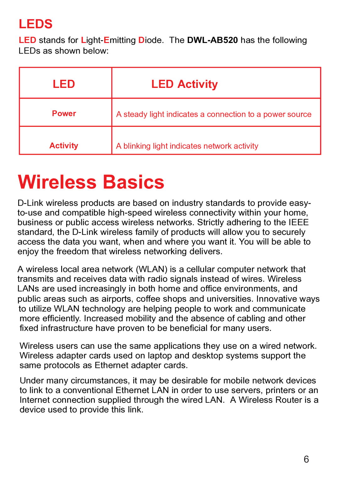 D-Link dwl-ab520 manual Wireless Basics, Leds 