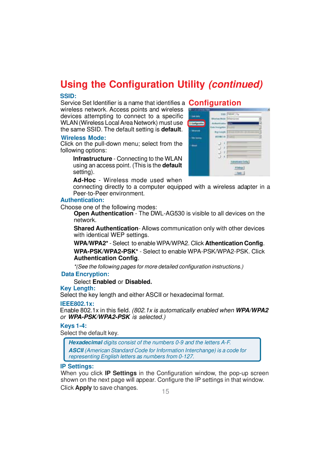 D-Link DWL-AG530 manual Authentication, Data Encryption, Key Length, IEEE802.1x, Keys, IP Settings 