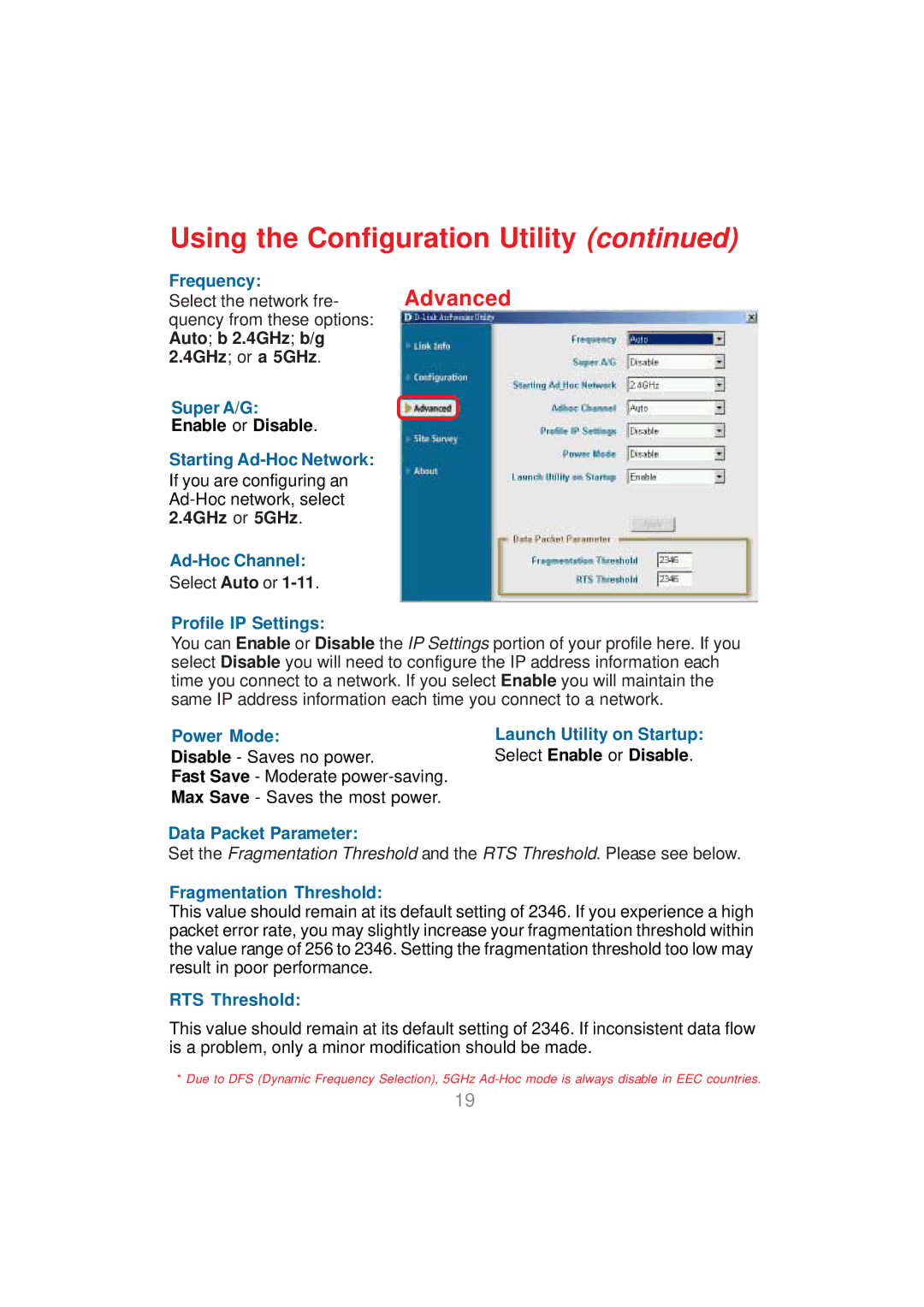 D-Link DWL-AG530 manual Super A/G, Starting Ad-Hoc Network, Ad-Hoc Channel, Profile IP Settings, Power Mode, RTS Threshold 