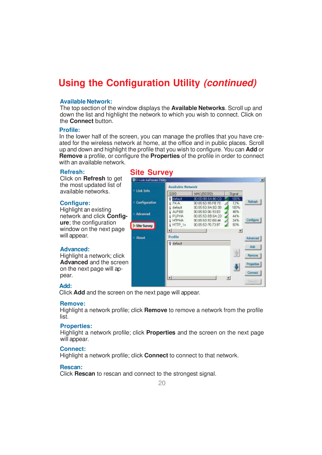 D-Link DWL-AG530 manual Available Network, Profile, Refresh, Advanced, Add, Remove, Properties, Connect, Rescan 