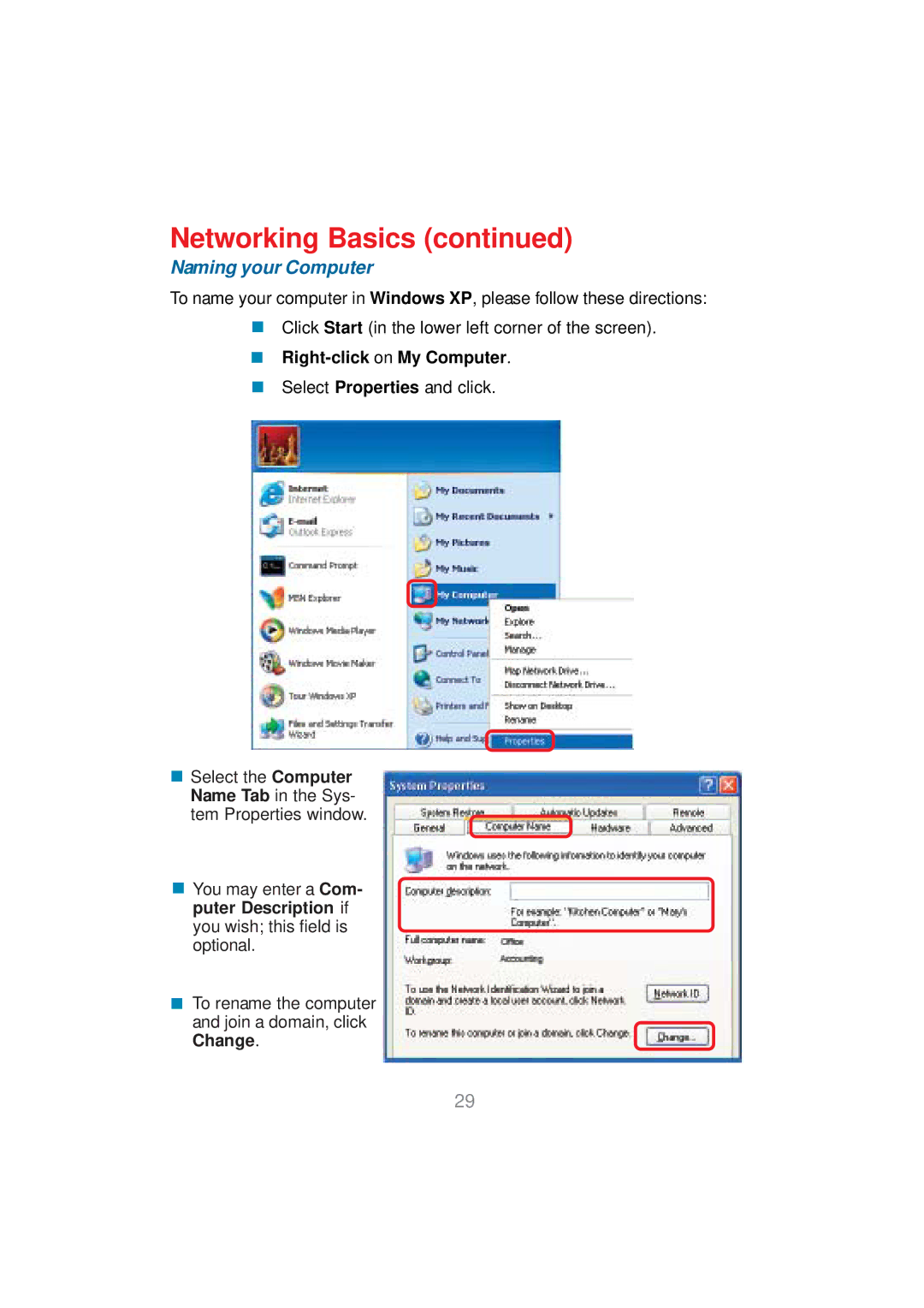 D-Link DWL-AG530 manual Naming your Computer, „ Right-click on My Computer 