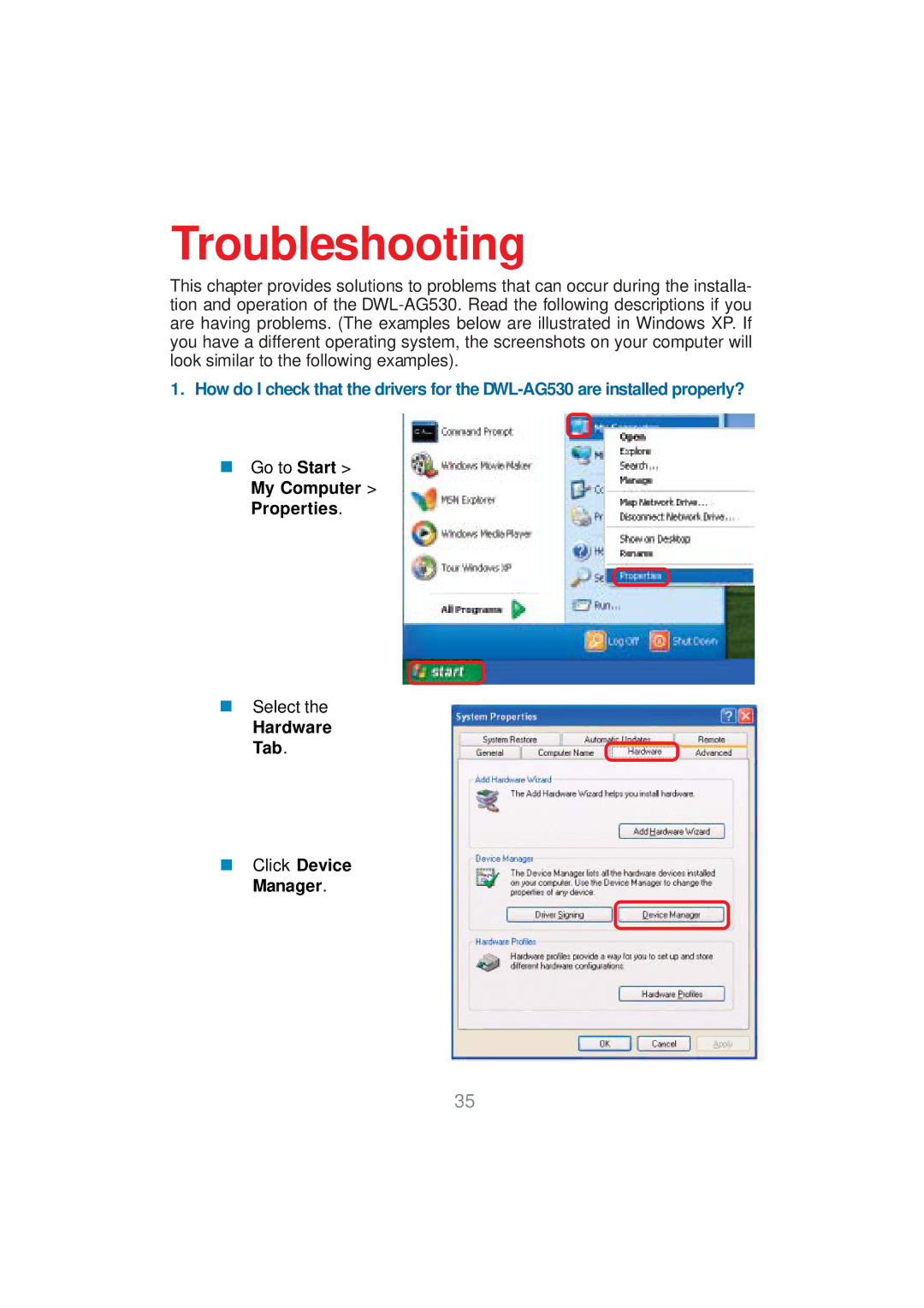 D-Link DWL-AG530 manual Troubleshooting, Hardware Tab „ Click Device Manager 