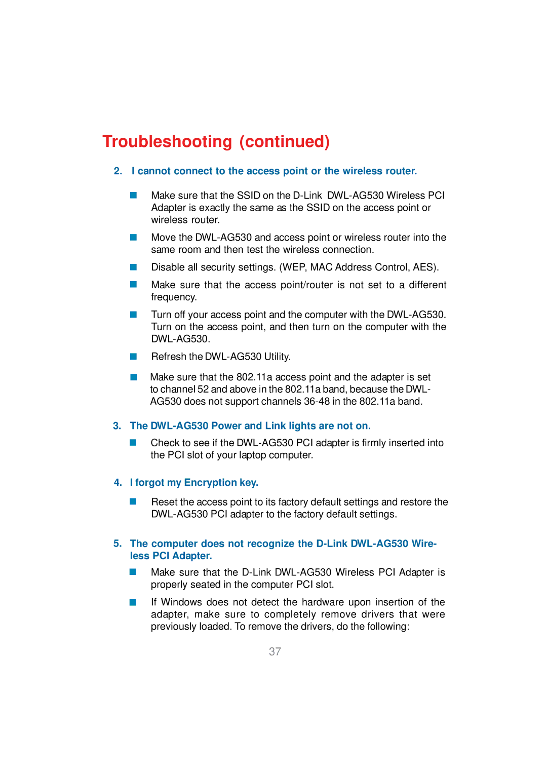 D-Link manual Cannot connect to the access point or the wireless router, DWL-AG530 Power and Link lights are not on 