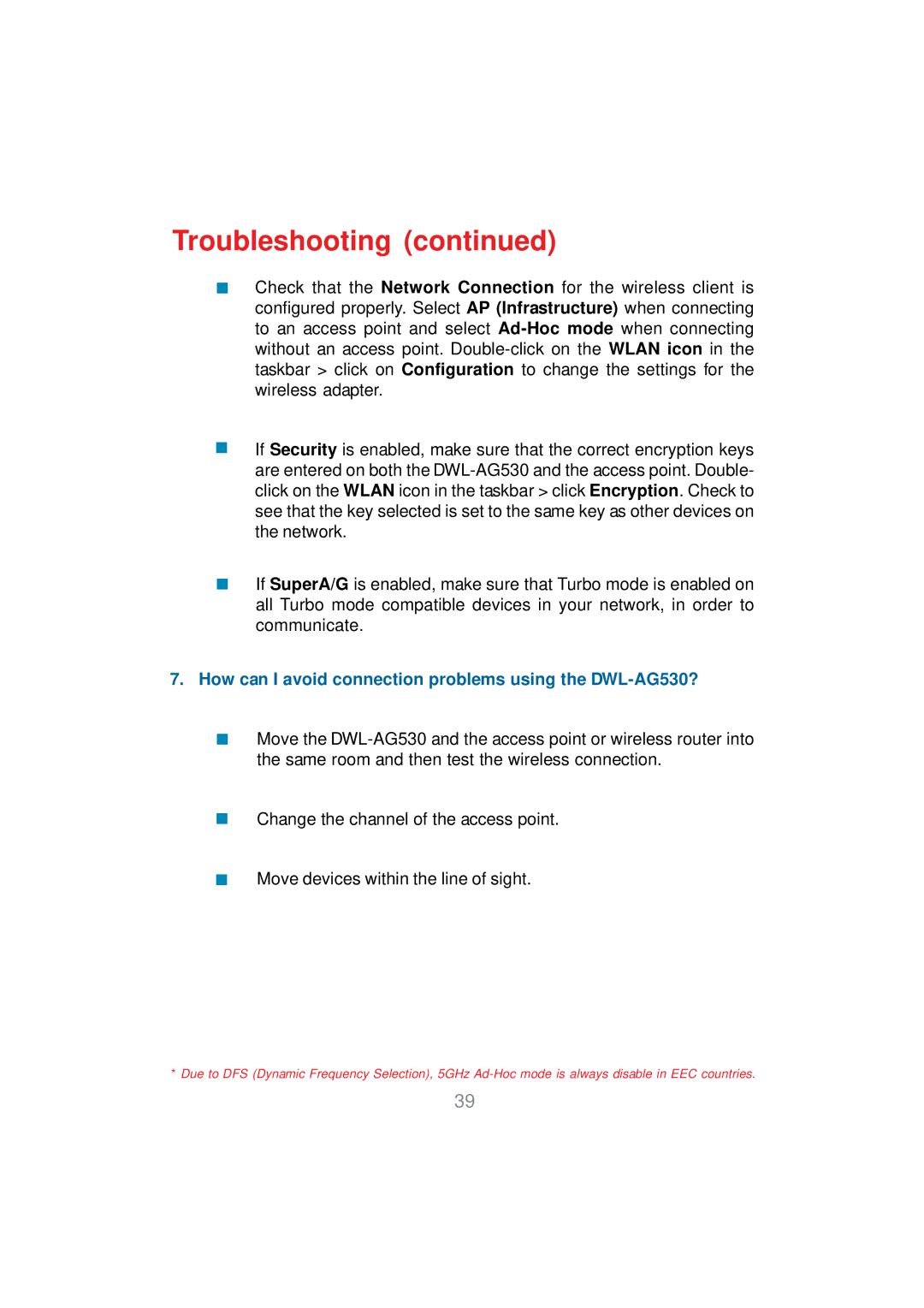 D-Link manual How can I avoid connection problems using the DWL-AG530? 